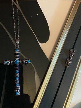 925 Sterling Black and Turquoise Cross Pendant Necklace and Skull Stud Earrings